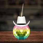 White Cowboy Hat Rainbow Disco Ball Cup with Straw