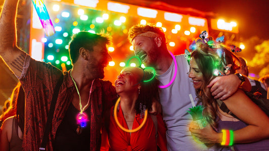 A group of friends decked out in glow in the dark party supplies from Windy City Novelties.