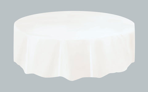 White Solid Round Plastic Table Cover, 84"