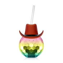 Brown Cowboy Hat Rainbow Disco Ball Cup with Straw