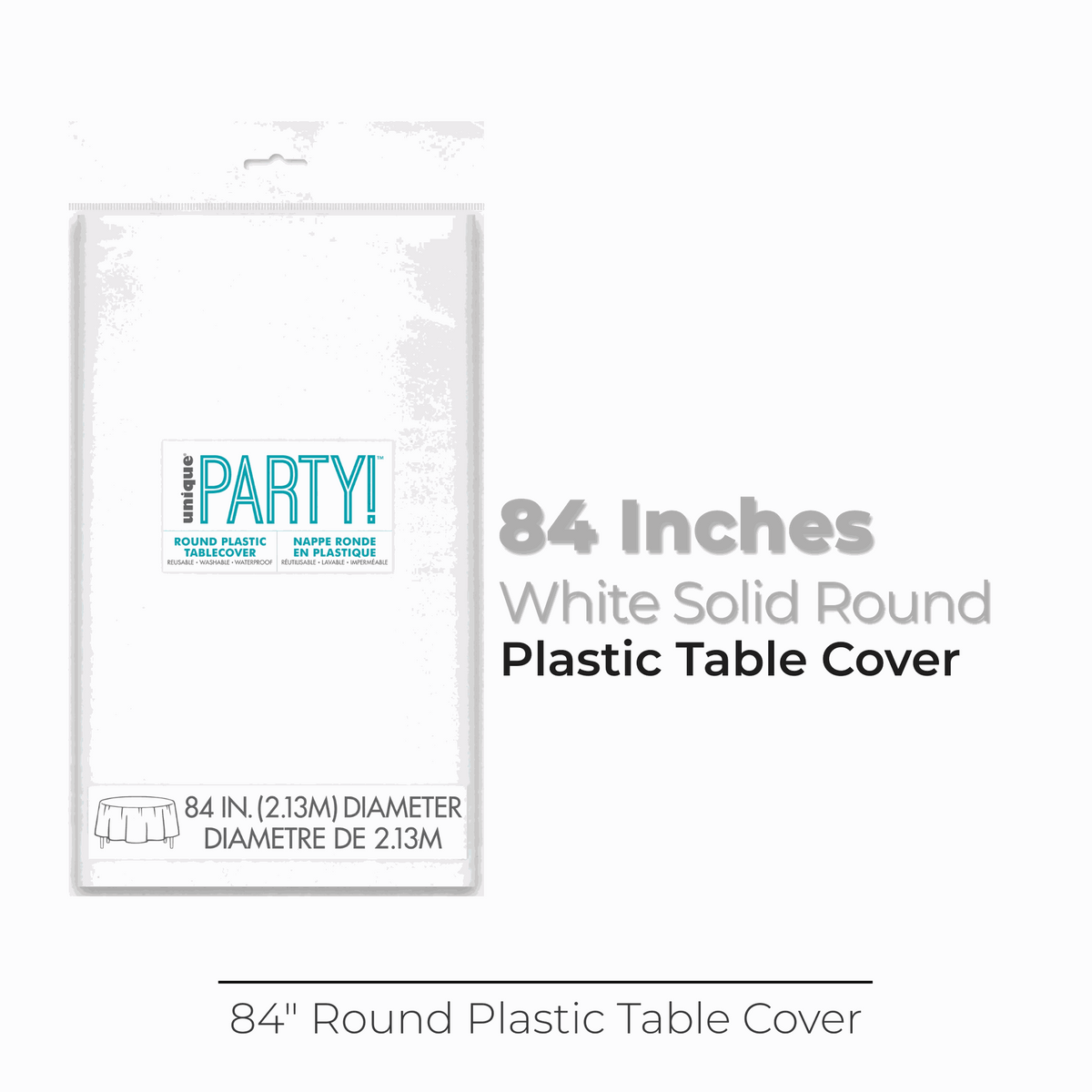 White Solid Round Plastic Table Cover, 84"
