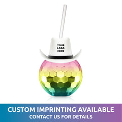 White Cowboy Hat Rainbow Disco Ball Cup with Straw