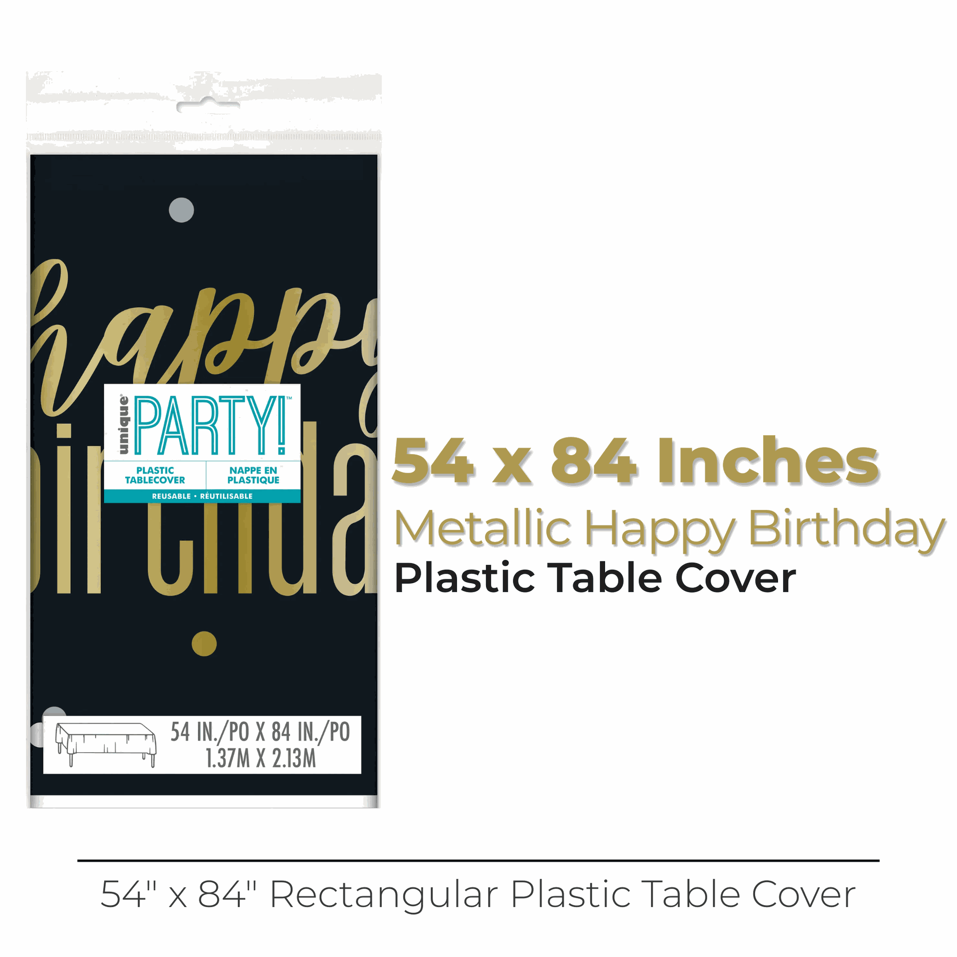 Metallic Happy Birthday Rectangular Plastic Table Cover, 54