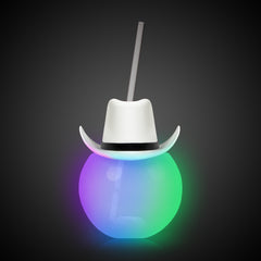 LED White Cowboy Hat 20 oz. Ball Cup with Straw