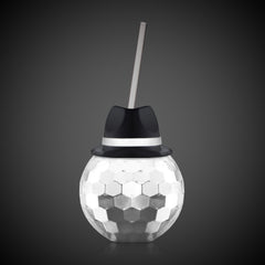Black Fedora Hat Silver Disco Ball Cup with Straw