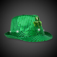 LED Green Shamrock Sequin Fedora Hats
