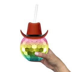 Brown Cowboy Hat Rainbow Disco Ball Cup with Straw