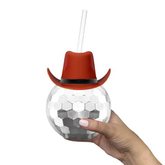 Brown Cowboy Hat Silver Disco Ball Cup with Straw