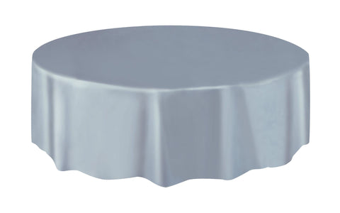 Silver Solid Round Plastic Table Cover, 84"
