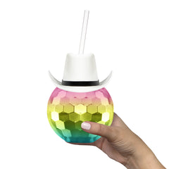 White Cowboy Hat Rainbow Disco Ball Cup with Straw