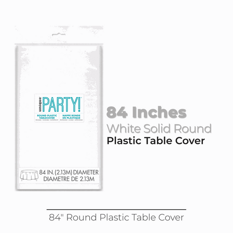 White Solid Round Plastic Table Cover, 84"