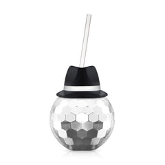 Black Fedora Hat Silver Disco Ball Cup with Straw