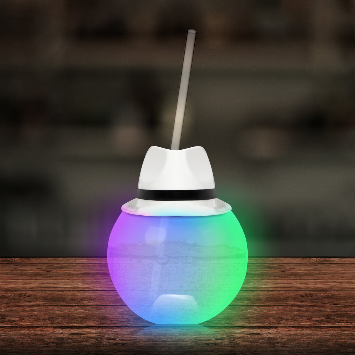 LED White Fedora Hat 20 oz. Ball Cup with Straw