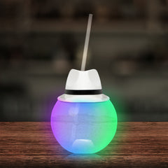 LED White Fedora Hat 20 oz. Ball Cup with Straw