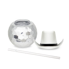 White Cowboy Hat Silver Disco Ball Cup with Straw