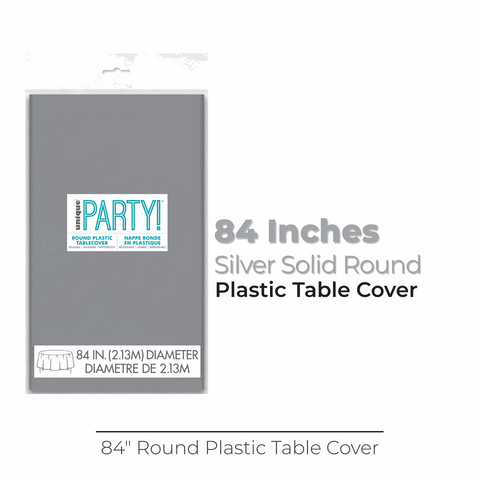 Silver Solid Round Plastic Table Cover, 84"