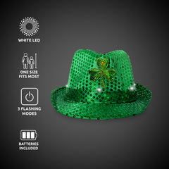 LED Green Shamrock Sequin Fedora Hat