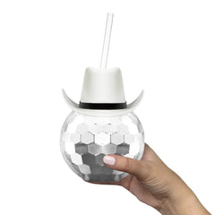 White Cowboy Hat Silver Disco Ball Cup with Straw