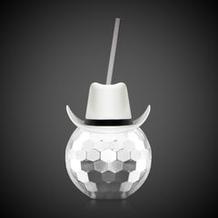 White Cowboy Hat Silver Disco Ball Cup with Straw