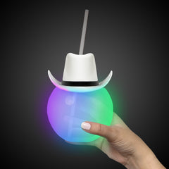 LED White Cowboy Hat 20 oz. Ball Cup with Straw