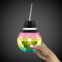 Black Fedora Hat Rainbow Disco Ball Cup with Straw