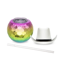 White Cowboy Hat Rainbow Disco Ball Cup with Straw