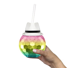 White Fedora Hat Rainbow Disco Ball Cup with Straw