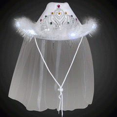 LED White Cowboy Hat with Tiara and Veil