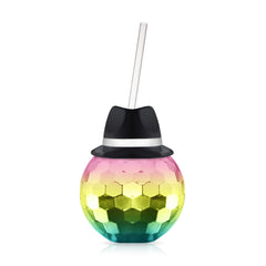 Black Fedora Hat Rainbow Disco Ball Cup with Straw