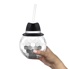 Black Fedora Hat Silver Disco Ball Cup with Straw