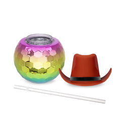 Brown Cowboy Hat Rainbow Disco Ball Cup with Straw