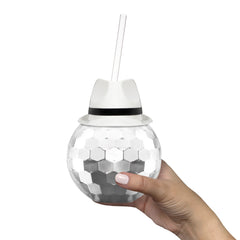 White Fedora Hat Silver Disco Ball Cup with Straw