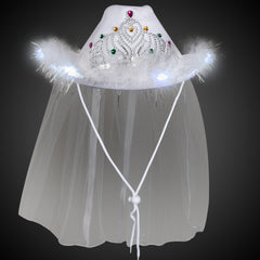 LED White Cowboy Hat with Tiara and Veil