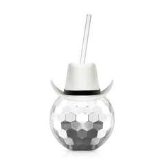 White Cowboy Hat Silver Disco Ball Cup with Straw