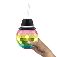 Black Fedora Hat Rainbow Disco Ball Cup with Straw