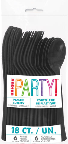 Black Solid Assorted Plastic Cutlery, 18ct