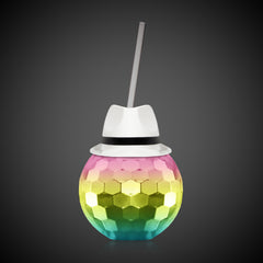 White Fedora Hat Rainbow Disco Ball Cup with Straw