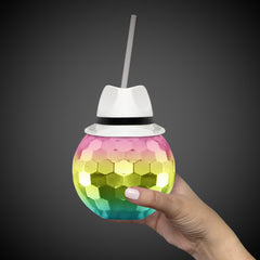 White Fedora Hat Rainbow Disco Ball Cup with Straw